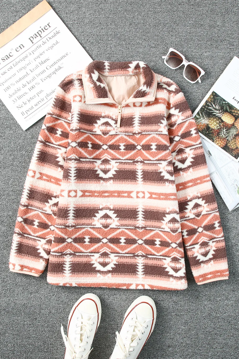 Aztec Zipped Sherpa Pullover Sweatshirt