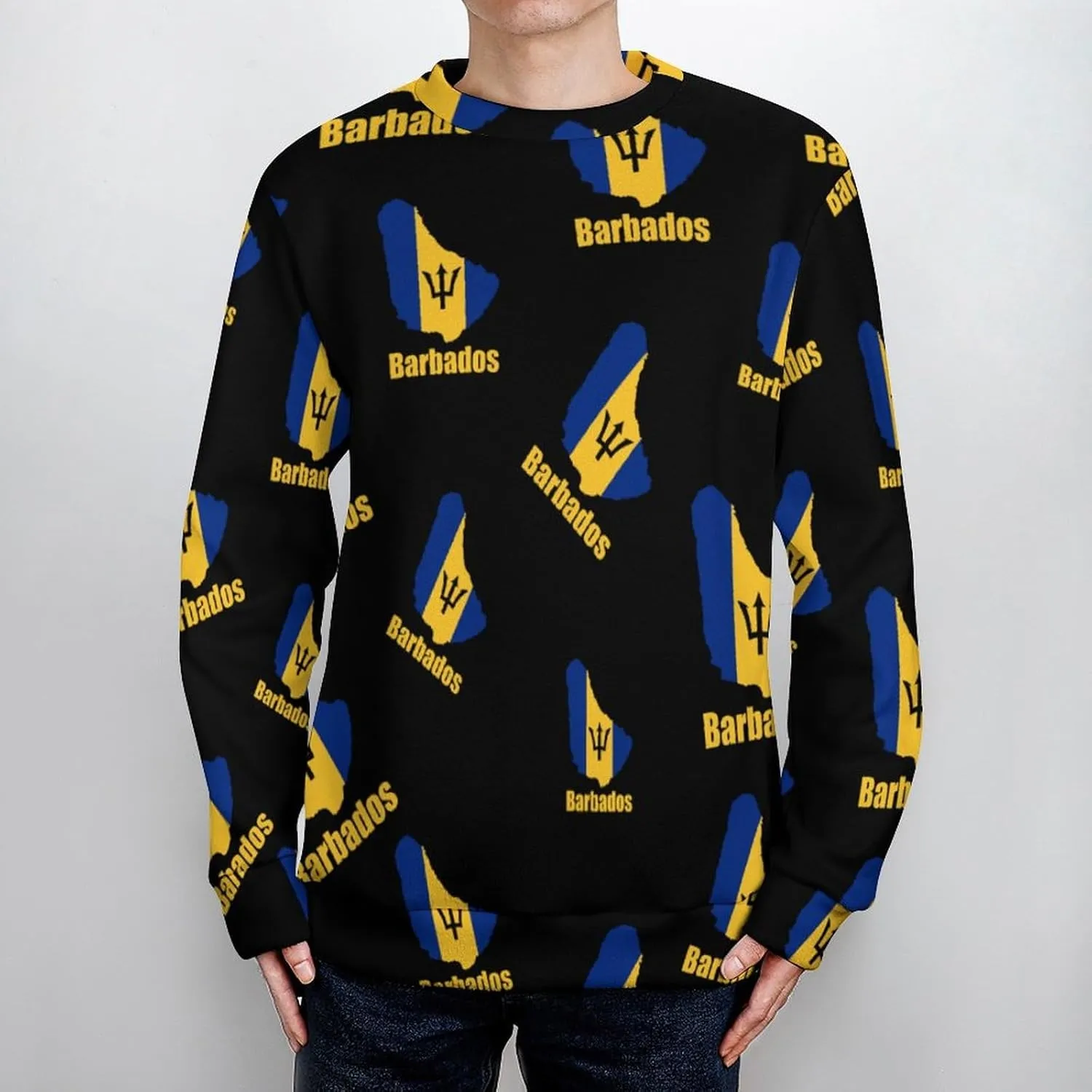 Barbados Flag Map Crew Neck Sweater Oversized Long Sleeve Pure Cotton Casual Knit Pullover Sweatshirt