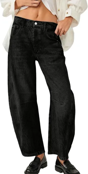 Barrel Jeans for Women Wide Leg Mid Rise Y2k Jeans Baggy Boyfriend Denim Pants Plus Size Trendy Jeans with Pockets