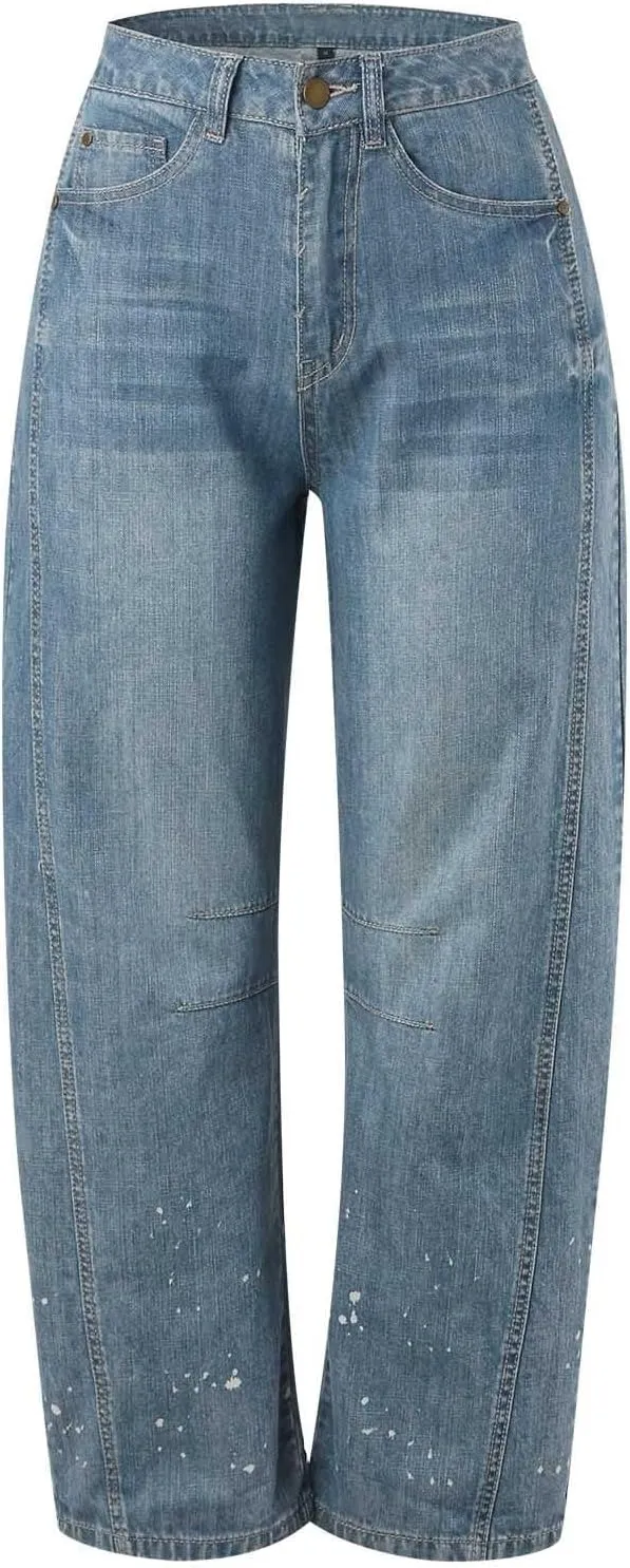Barrel Jeans for Women Wide Leg Mid Rise Y2k Jeans Baggy Boyfriend Denim Pants Plus Size Trendy Jeans with Pockets