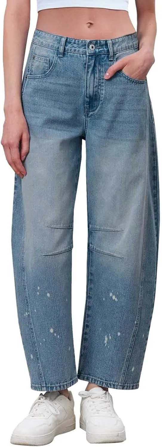 Barrel Jeans for Women Wide Leg Mid Rise Y2k Jeans Baggy Boyfriend Denim Pants Plus Size Trendy Jeans with Pockets