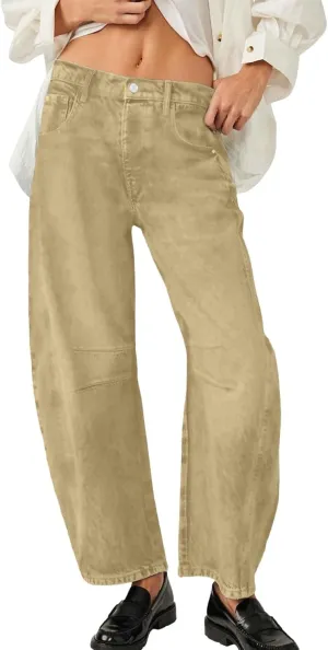 Barrel Jeans for Women Wide Leg Mid Rise Y2k Jeans Baggy Boyfriend Denim Pants Plus Size Trendy Jeans with Pockets