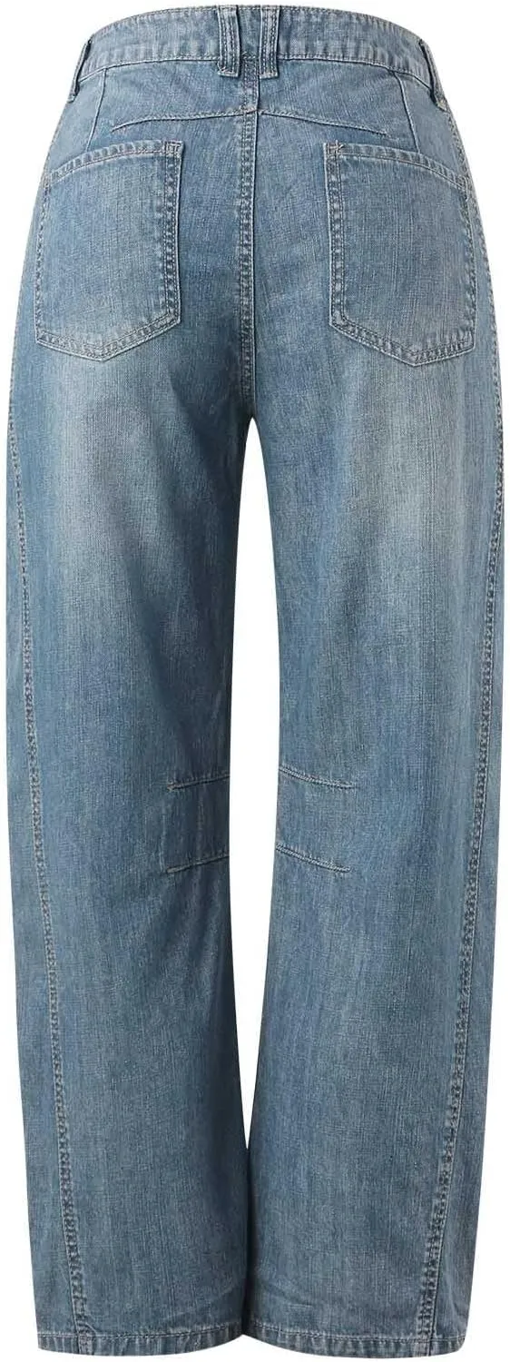 Barrel Jeans for Women Wide Leg Mid Rise Y2k Jeans Baggy Boyfriend Denim Pants Plus Size Trendy Jeans with Pockets