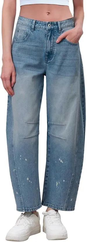 Barrel Jeans for Women Wide Leg Mid Rise Y2k Jeans Baggy Boyfriend Denim Pants Plus Size Trendy Jeans with Pockets