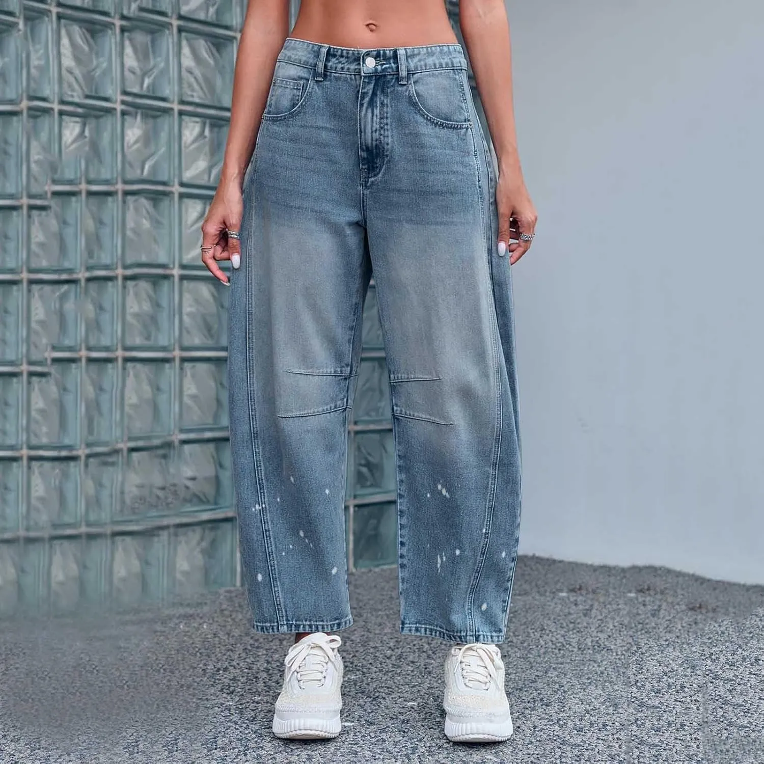 Barrel Jeans for Women Wide Leg Mid Rise Y2k Jeans Baggy Boyfriend Denim Pants Plus Size Trendy Jeans with Pockets