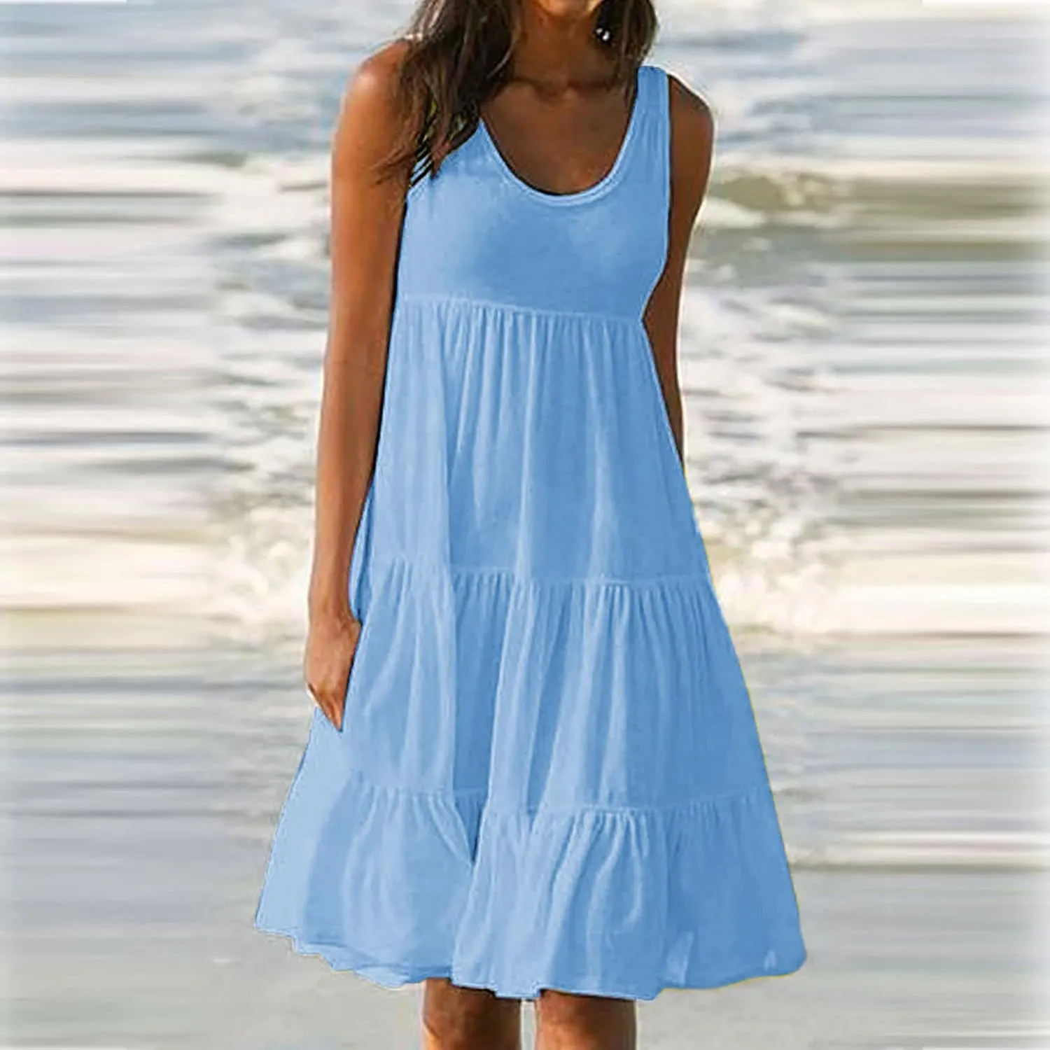 Beach Dress for Women 2024 Summer Gradient Color Sleeveless Midi Dresses Casual Smocked Tiered Ruffle Flowy Sundress
