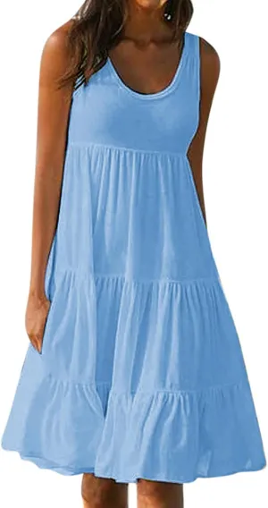 Beach Dress for Women 2024 Summer Gradient Color Sleeveless Midi Dresses Casual Smocked Tiered Ruffle Flowy Sundress