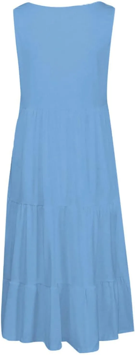 Beach Dress for Women 2024 Summer Gradient Color Sleeveless Midi Dresses Casual Smocked Tiered Ruffle Flowy Sundress