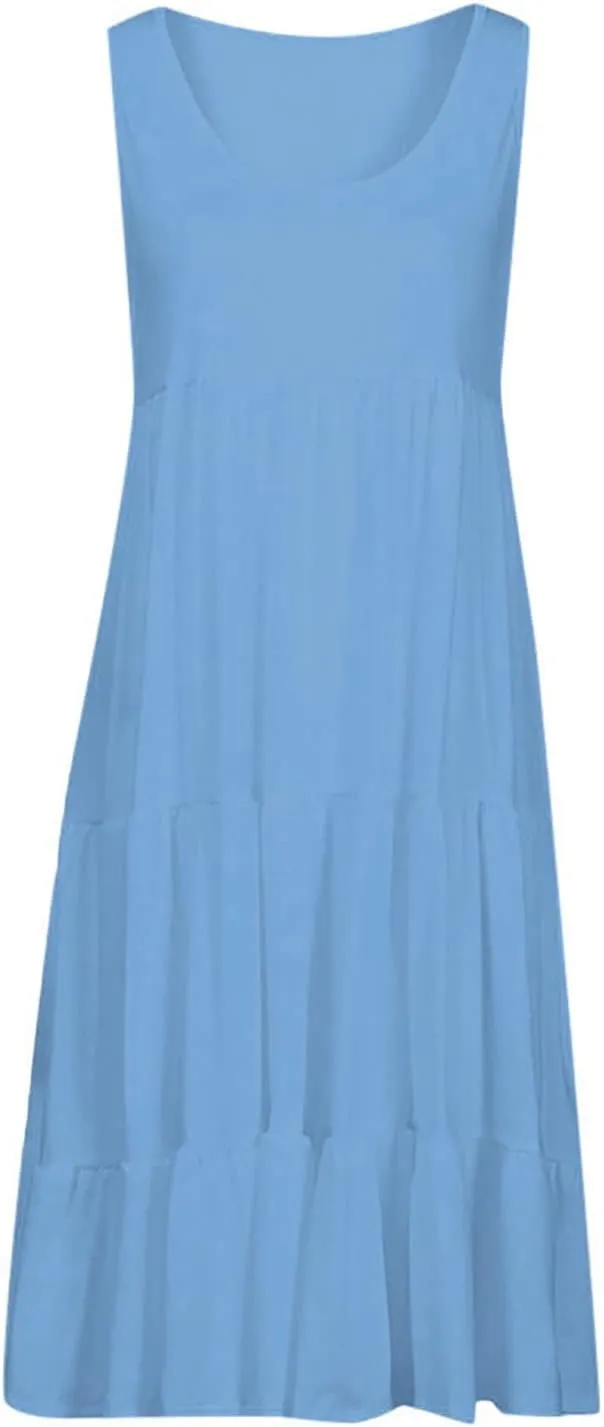 Beach Dress for Women 2024 Summer Gradient Color Sleeveless Midi Dresses Casual Smocked Tiered Ruffle Flowy Sundress