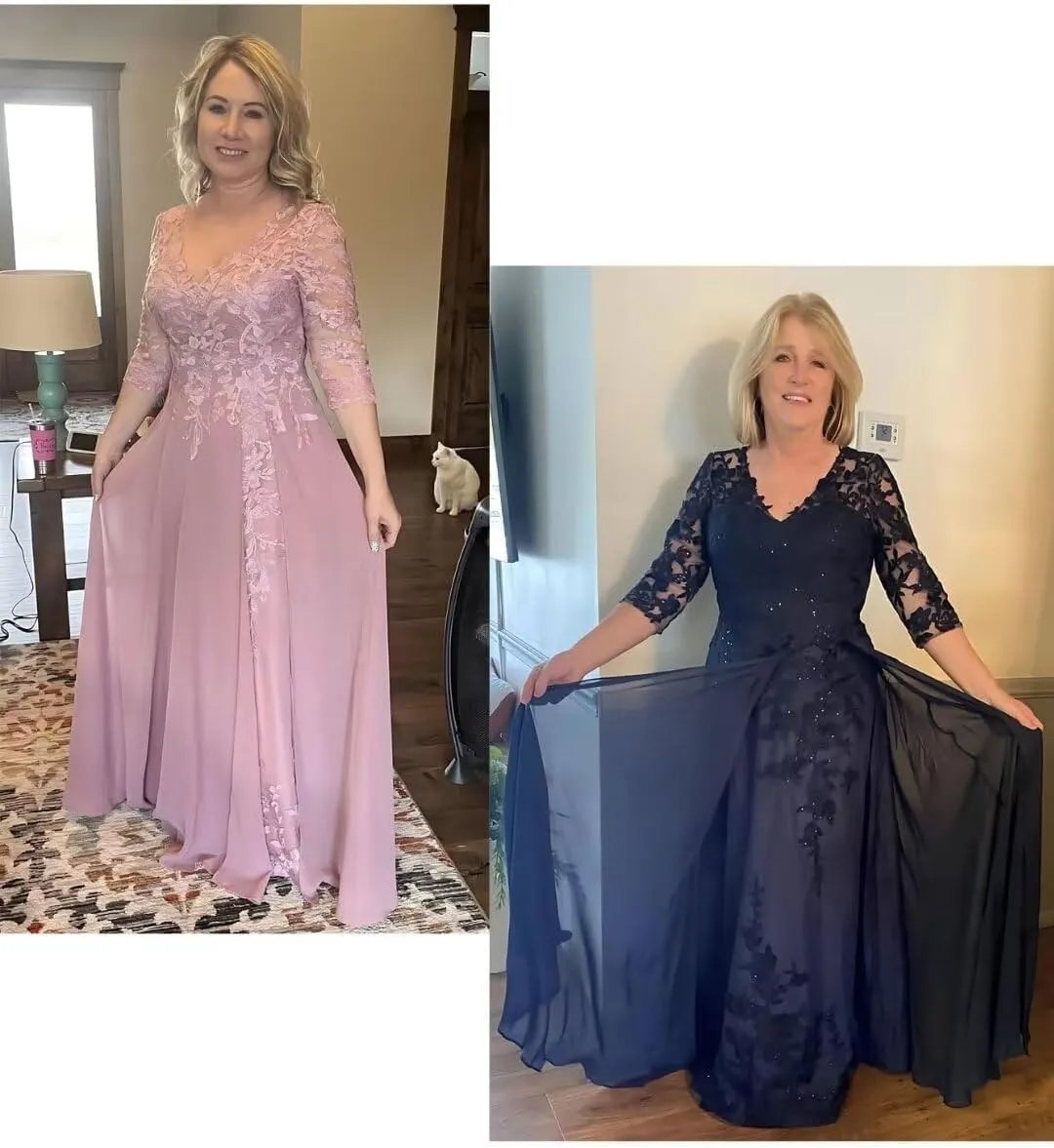 Beaded Appliques Mother of The Bride Dresses Long 3/4 Sleeves V-Neck Chiffon Formal Evening Gowns for Wedding Guest