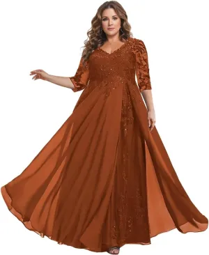 Beaded Appliques Mother of The Bride Dresses Long 3/4 Sleeves V-Neck Chiffon Formal Evening Gowns for Wedding Guest