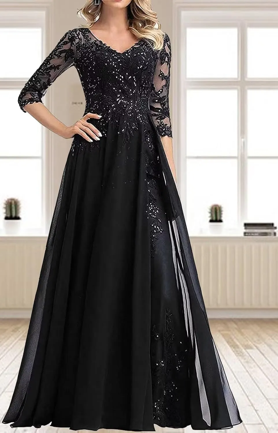 Beaded Appliques Mother of The Bride Dresses Long 3/4 Sleeves V-Neck Chiffon Formal Evening Gowns for Wedding Guest