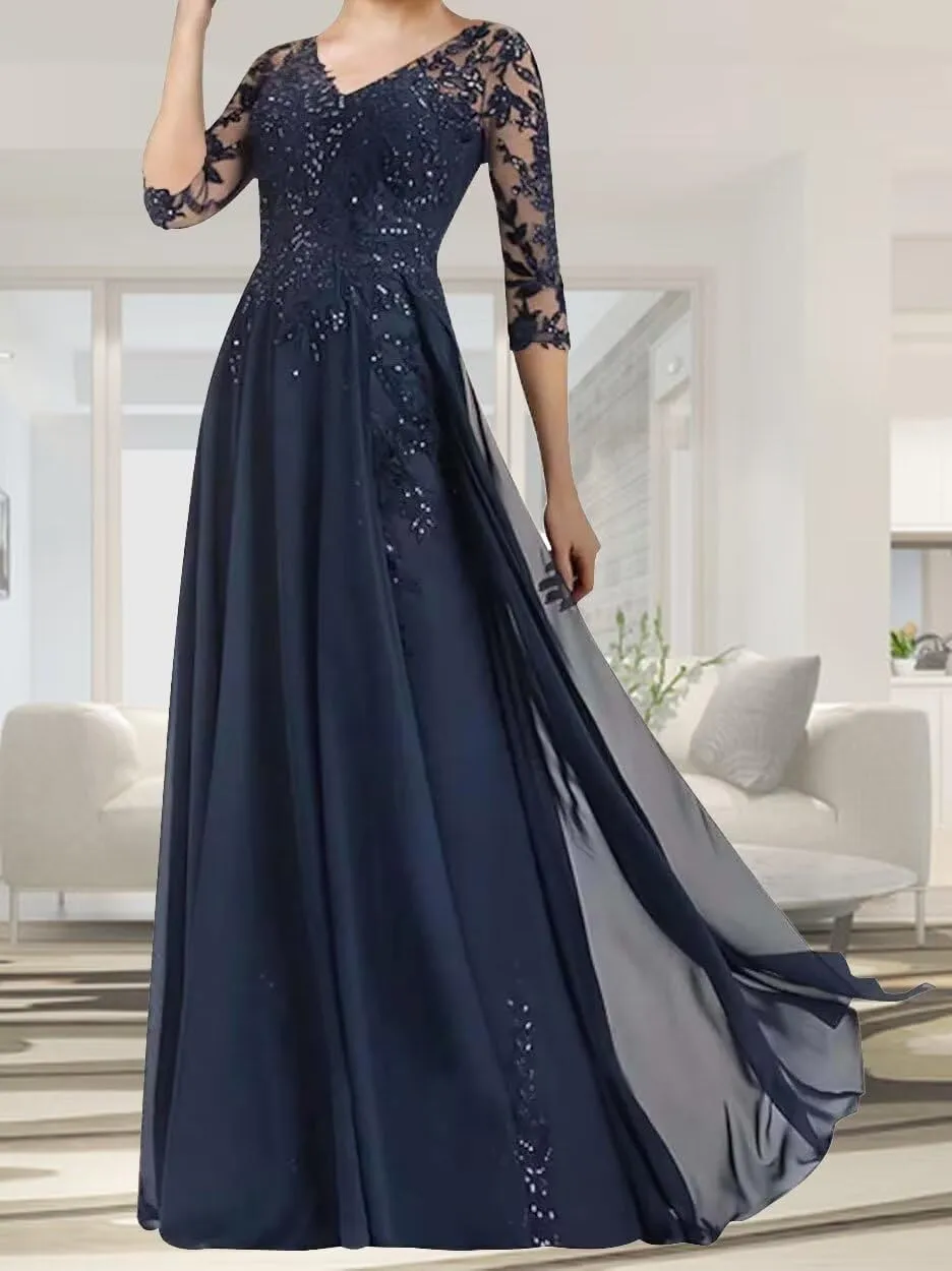 Beaded Appliques Mother of The Bride Dresses Long 3/4 Sleeves V-Neck Chiffon Formal Evening Gowns for Wedding Guest