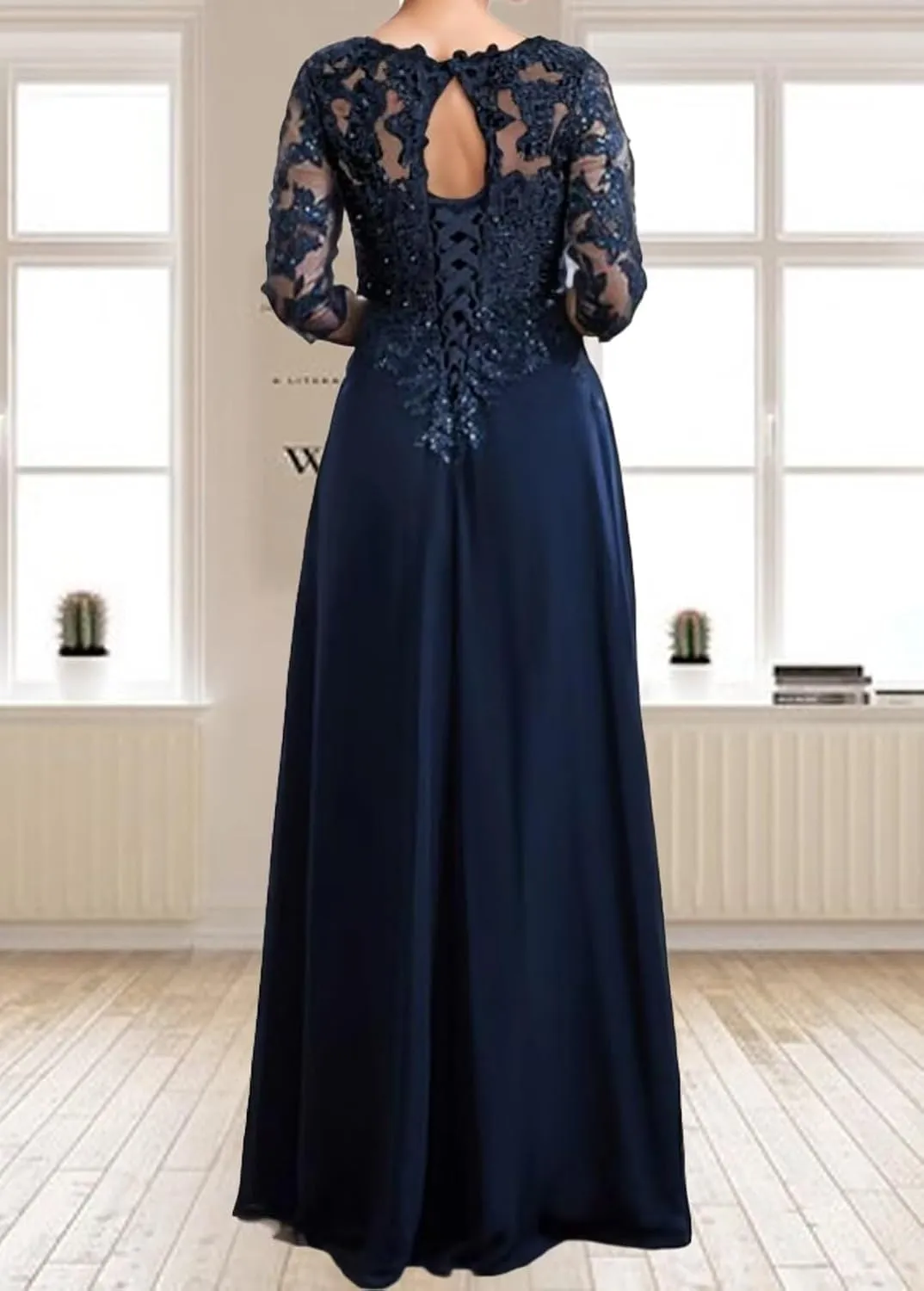 Beaded Appliques Mother of The Bride Dresses Long 3/4 Sleeves V-Neck Chiffon Formal Evening Gowns for Wedding Guest