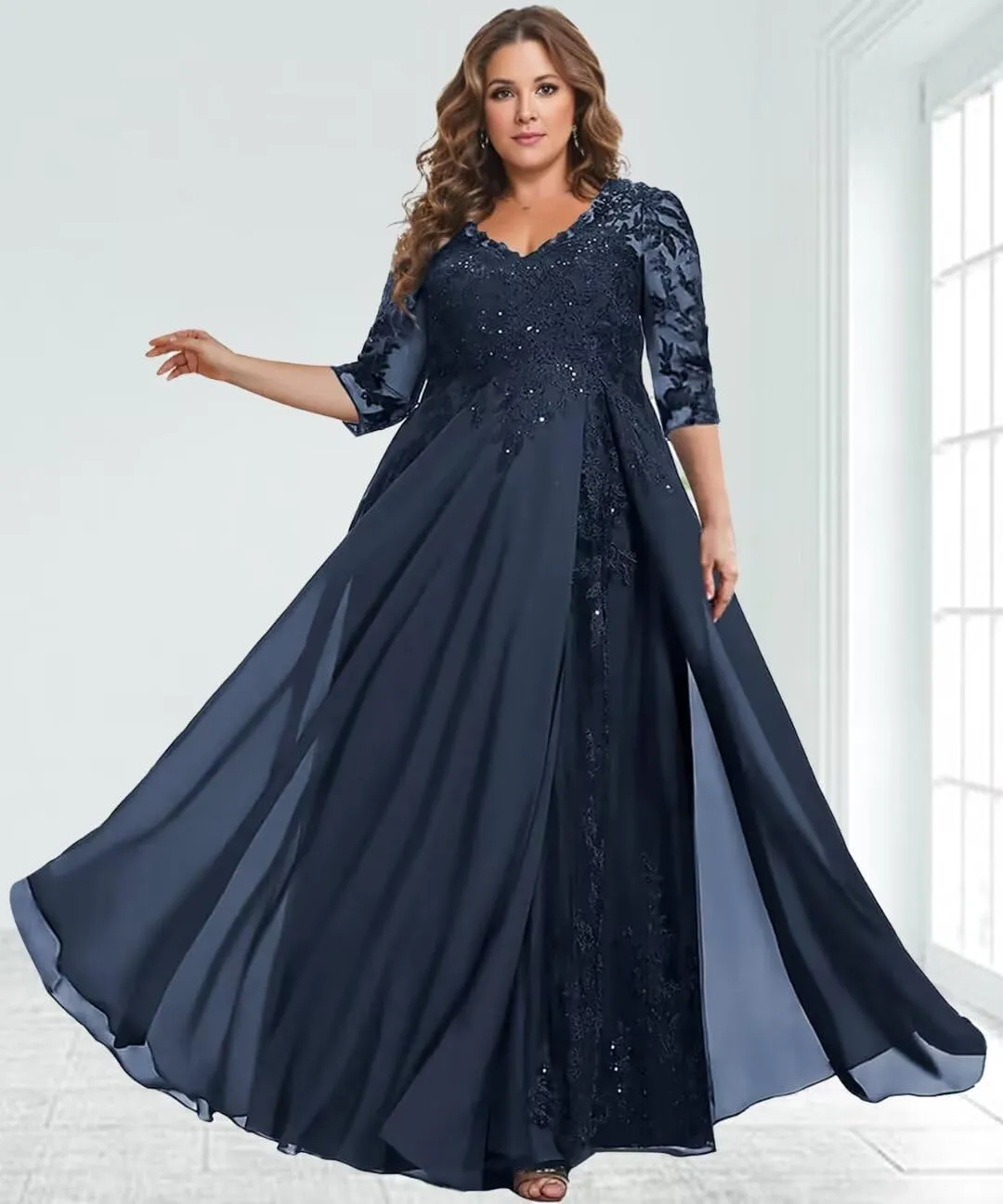 Beaded Appliques Mother of The Bride Dresses Long 3/4 Sleeves V-Neck Chiffon Formal Evening Gowns for Wedding Guest