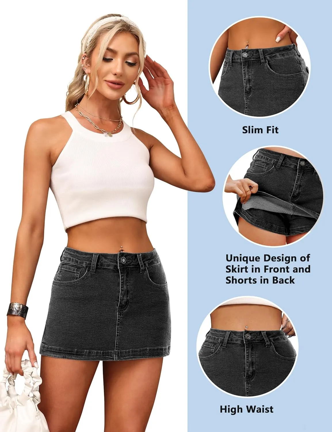 BISUAL Denim Skort for Women High Waist Mini Denim Skirt Casual Stretch Women Jean Skirt with Pockets