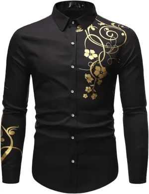 Black Floral Bronzing Print Shirt Men Slim Fit Long Sleeve Mens Dress Shirts Casual Button Up Tops Shirt Men
