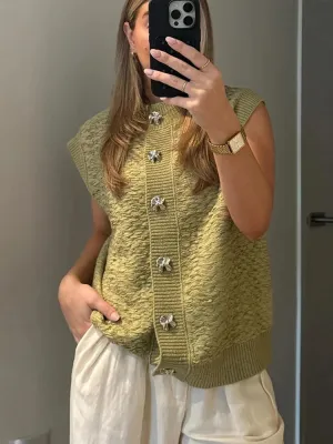 Black Friday Joskaa Casual Knitted Vests Sweater For Women Fashion Button Sleeveless O-neck Cardigan Top Autumn 2024 Lady Versatile Knitwear