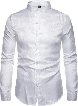 Black Mandarin Collar Paisley Shirt Men Slim Fit Long Sleeve Button Up Shirt Men Party Work Business Man's Shirt