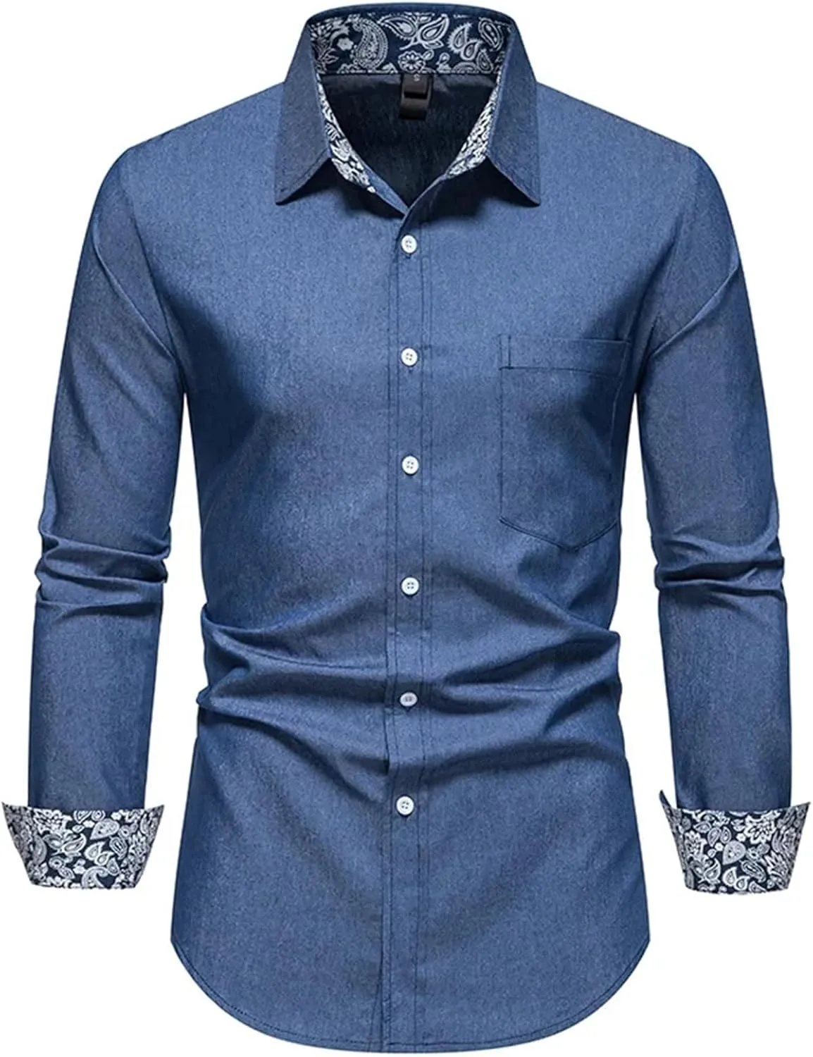 Blue Denim Button Up Shirt Men Slim Fit Long Sleeve Mens Dress Shirts Business Work Shirts with Pocket