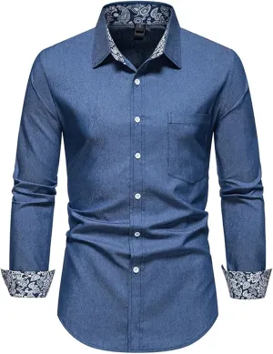 Blue Denim Button Up Shirt Men Slim Fit Long Sleeve Mens Dress Shirts Business Work Shirts with Pocket