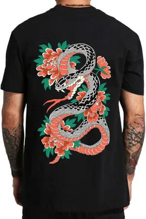Bobeutou Oversized Graphic Tshirt for Men Snake Print Vintage T Shirt Flower Tees Casual Baggy Loose Fit Retro Shirts Tops