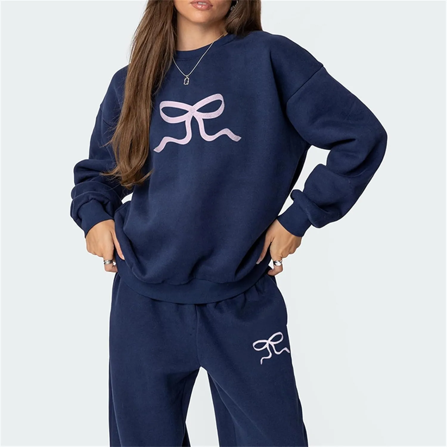 Bow Graphic Sweat Suits for Women 2 Piece Oversized Crewneck Hoodie Wide Leg Sweatpants Matching Tracksuit
