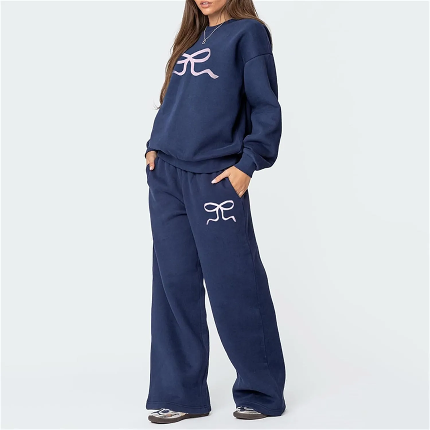 Bow Graphic Sweat Suits for Women 2 Piece Oversized Crewneck Hoodie Wide Leg Sweatpants Matching Tracksuit