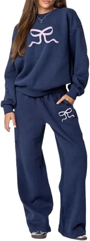 Bow Graphic Sweat Suits for Women 2 Piece Oversized Crewneck Hoodie Wide Leg Sweatpants Matching Tracksuit