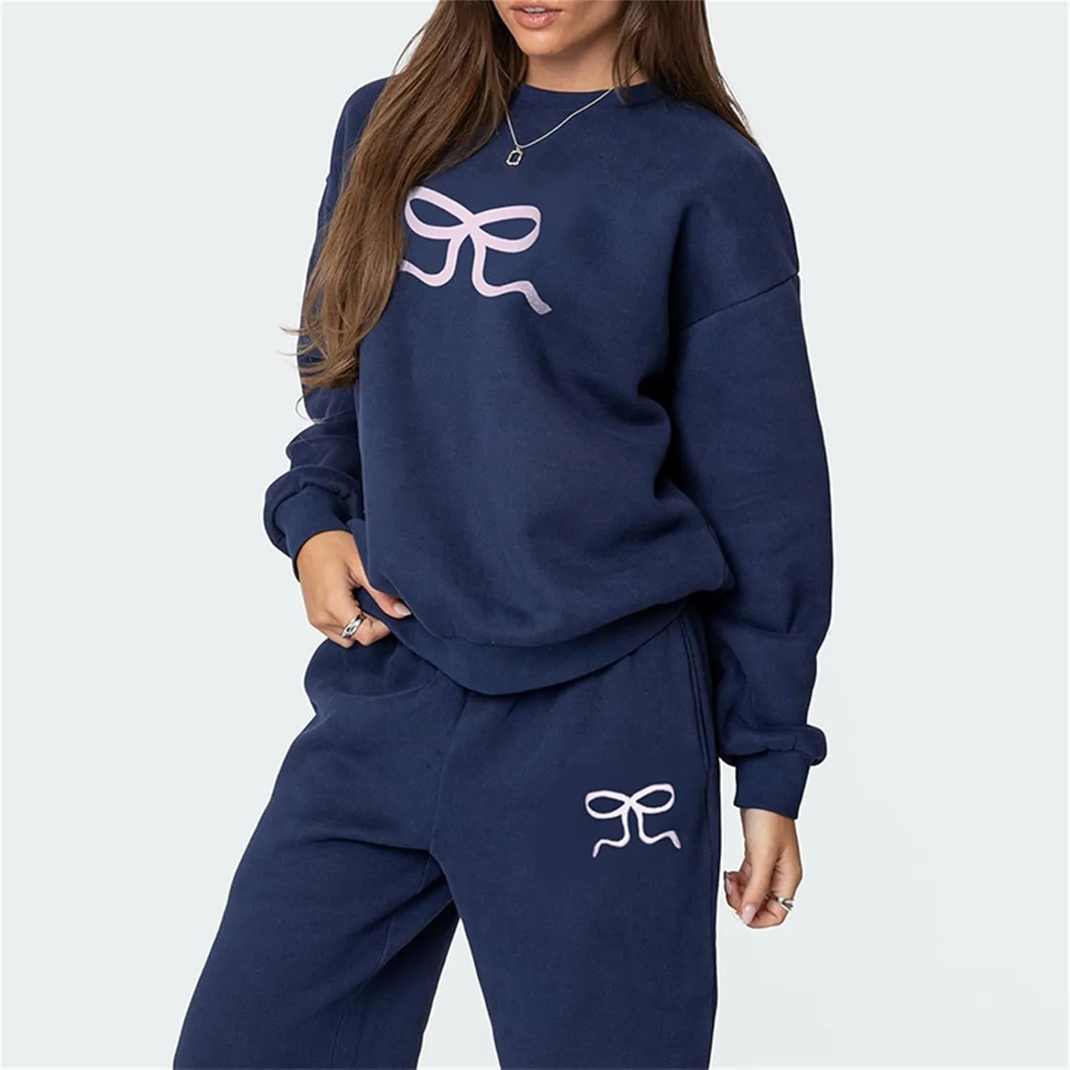Bow Graphic Sweat Suits for Women 2 Piece Oversized Crewneck Hoodie Wide Leg Sweatpants Matching Tracksuit
