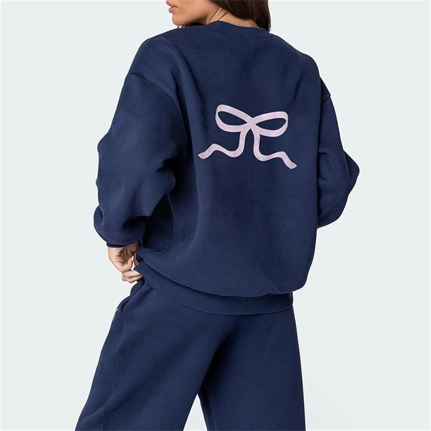 Bow Graphic Sweat Suits for Women 2 Piece Oversized Crewneck Hoodie Wide Leg Sweatpants Matching Tracksuit
