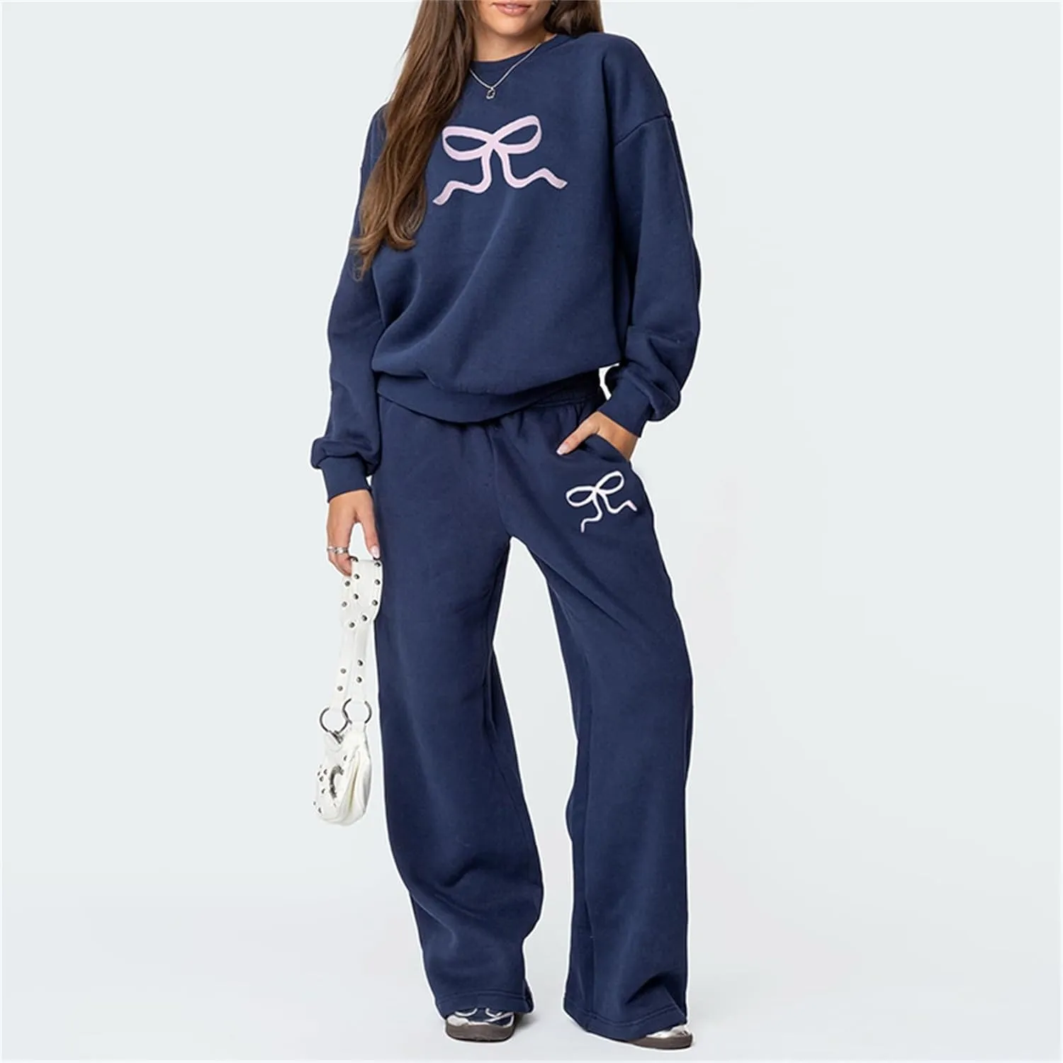 Bow Graphic Sweat Suits for Women 2 Piece Oversized Crewneck Hoodie Wide Leg Sweatpants Matching Tracksuit