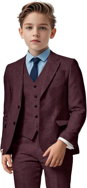 Boys Linen Suit 3 Piece, Summer Slim Fit Suits for Kids Beach Wedding Tuxedo Jacket Vest Pant