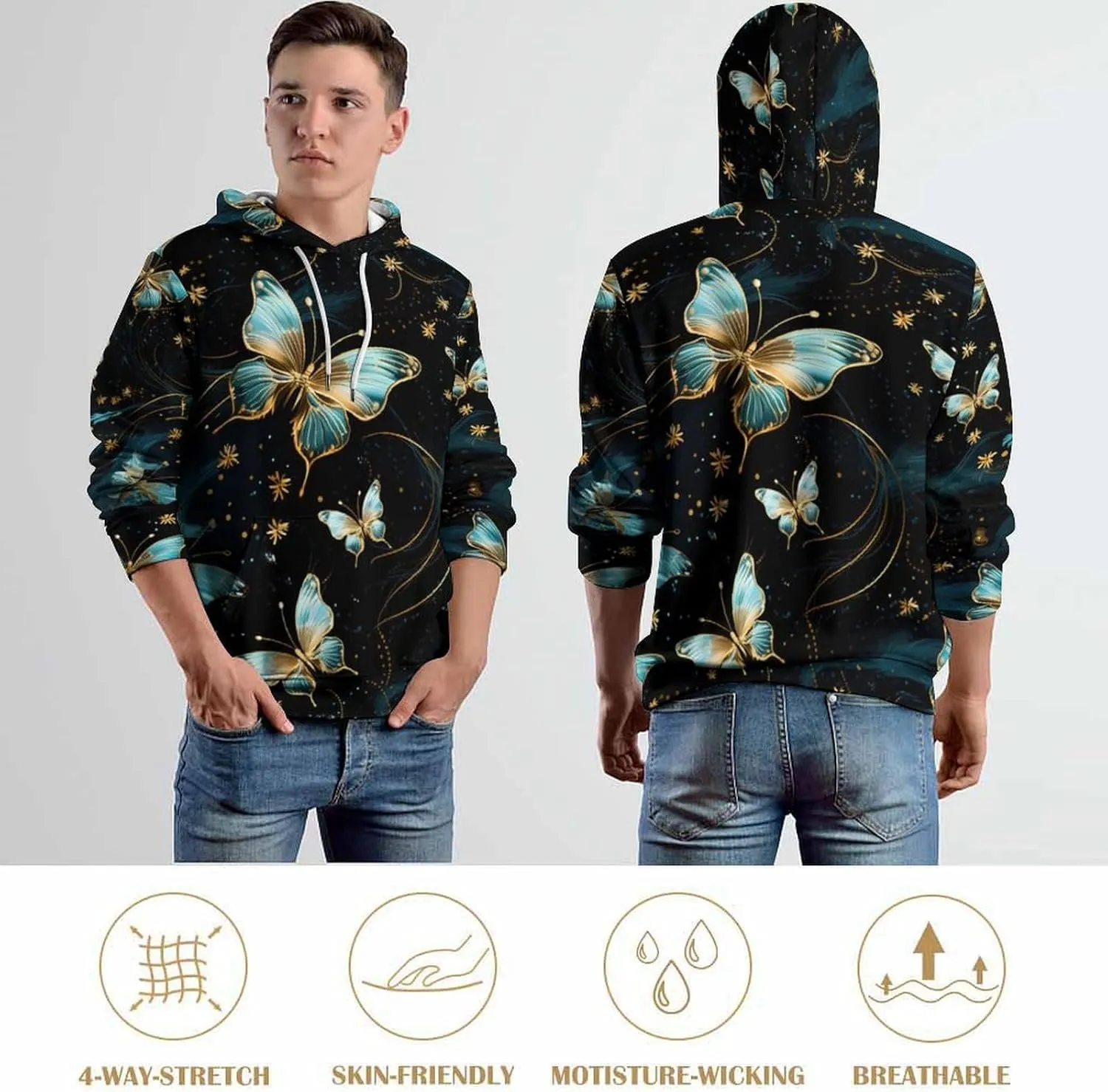 Butterfly Hooded Sweatshirt Printed Hoodies Causal Loose Fit Pullover for Women Men