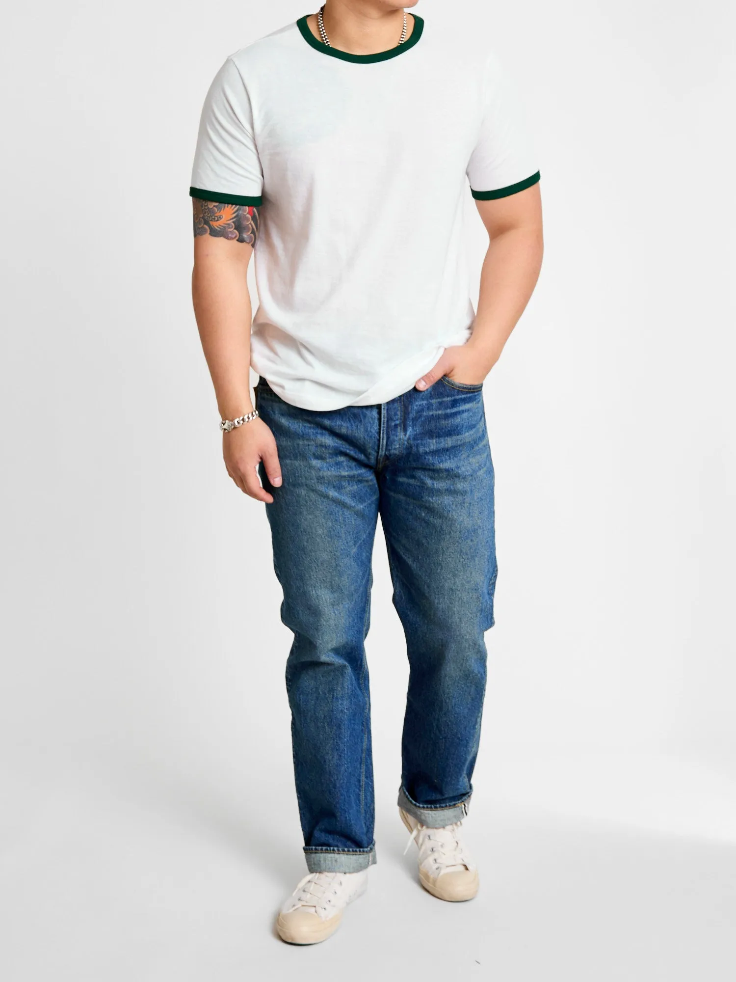 C1950s "Good Originals" 5.5oz Loopwheel T-Shirt in Green/White