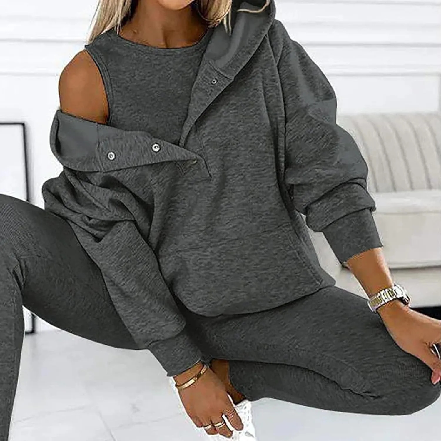 Calmlily 3 Piece Hoodie Set Women 3 Piece Hoodie Set for Women Calmlily Oversized Hooded Casual 3pc Sweatshirt Suit