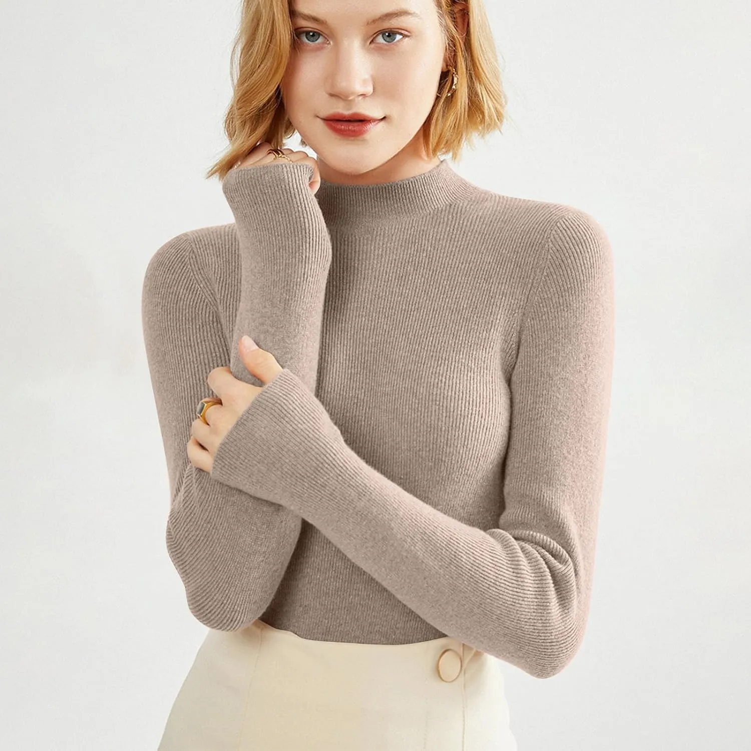 Cashmere Sweaters for Women Long Sleeve Mock Neck Soft Pullover Tops Warm Lightweight Thick Knit Sweater