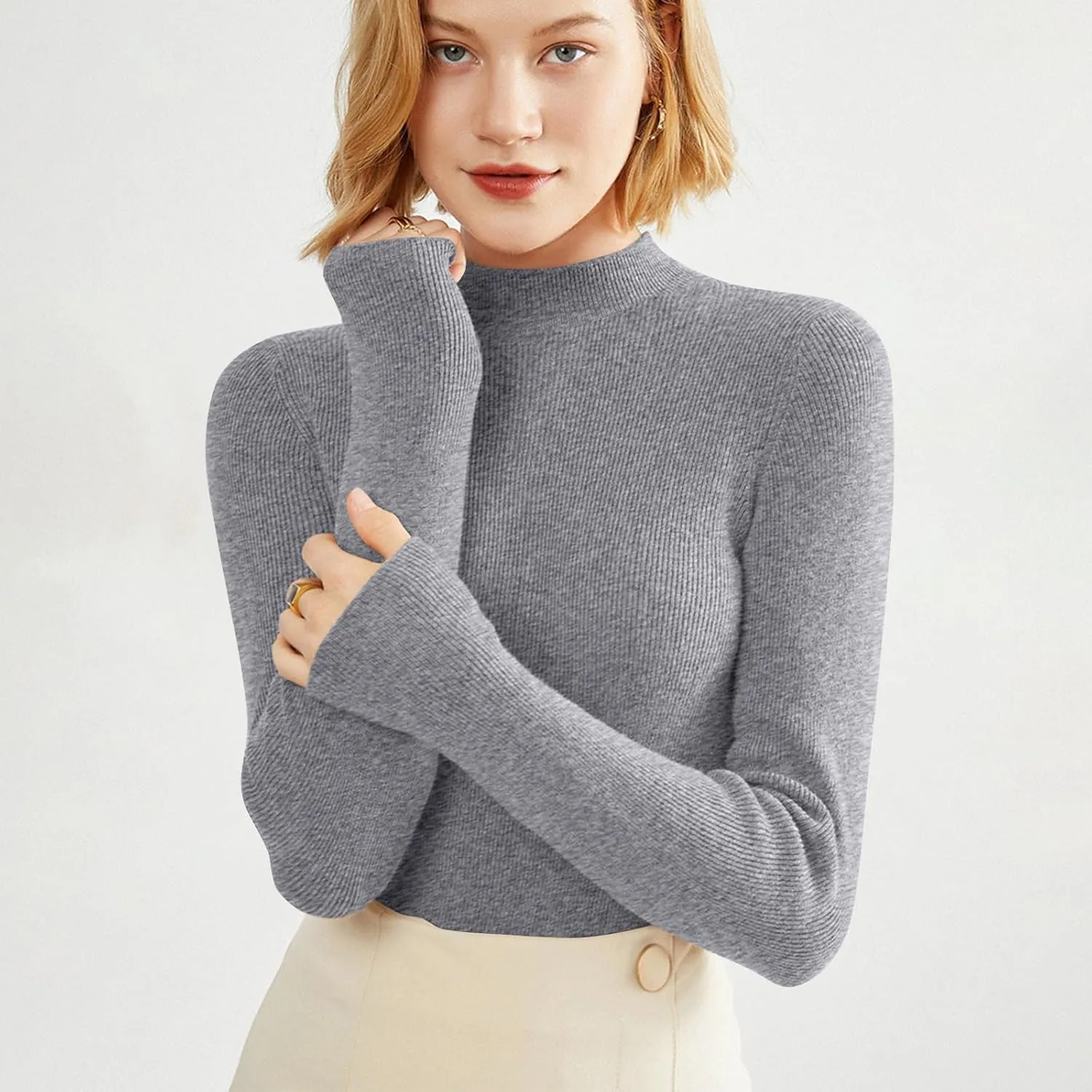 Cashmere Sweaters for Women Long Sleeve Mock Neck Soft Pullover Tops Warm Lightweight Thick Knit Sweater