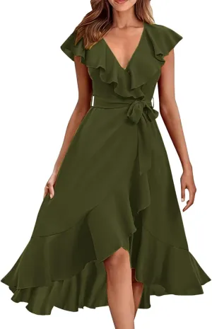 Casual Summer Dresses for Women 2025,Women's Wrap Midi Solid Color Dress Boho Deep V Neck Wedding Guest Long Dresses