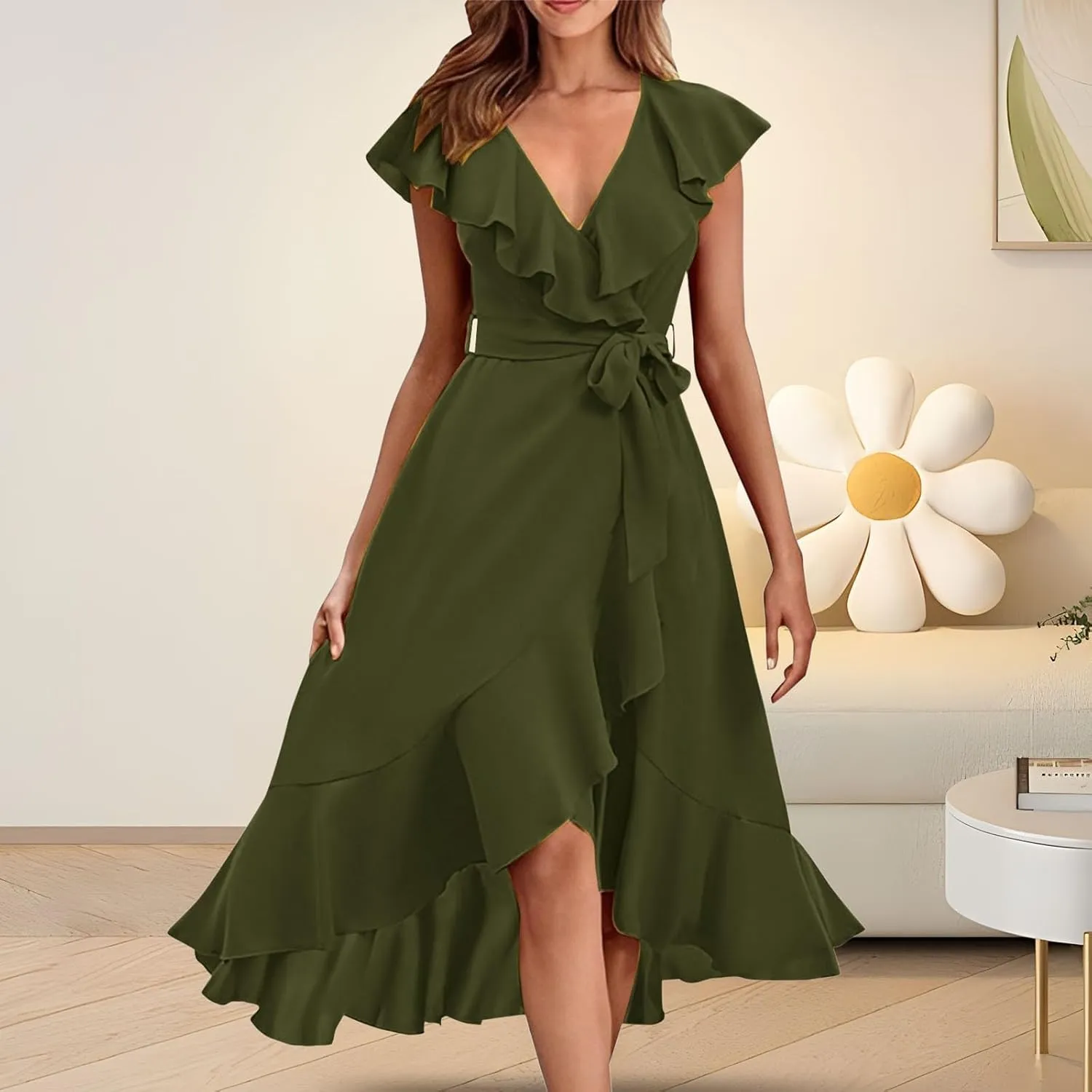 Casual Summer Dresses for Women 2025,Women's Wrap Midi Solid Color Dress Boho Deep V Neck Wedding Guest Long Dresses