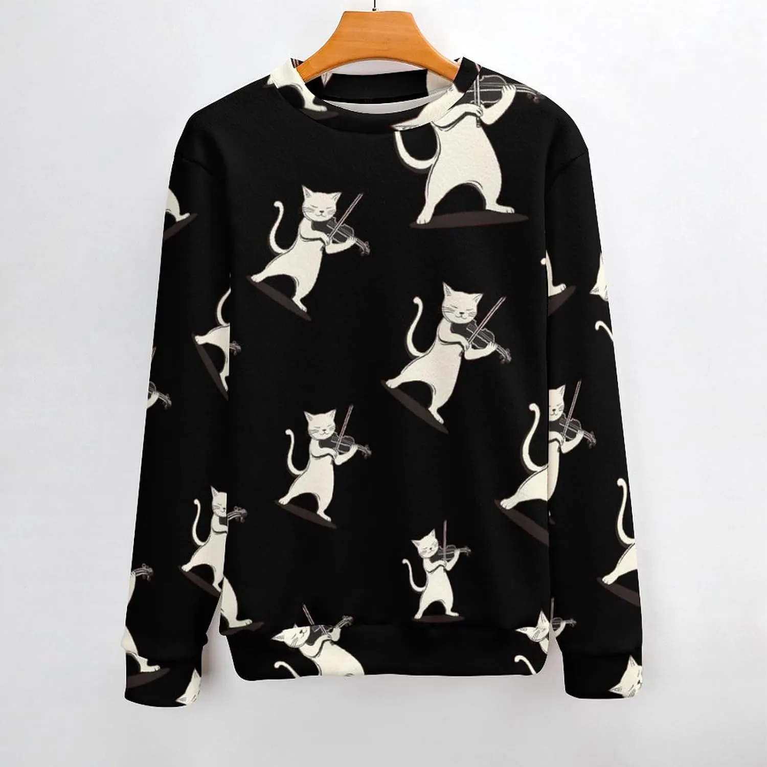 Cat Playing Violin Crew Neck Sweater Oversized Long Sleeve Pure Cotton Casual Knit Pullover Sweatshirt