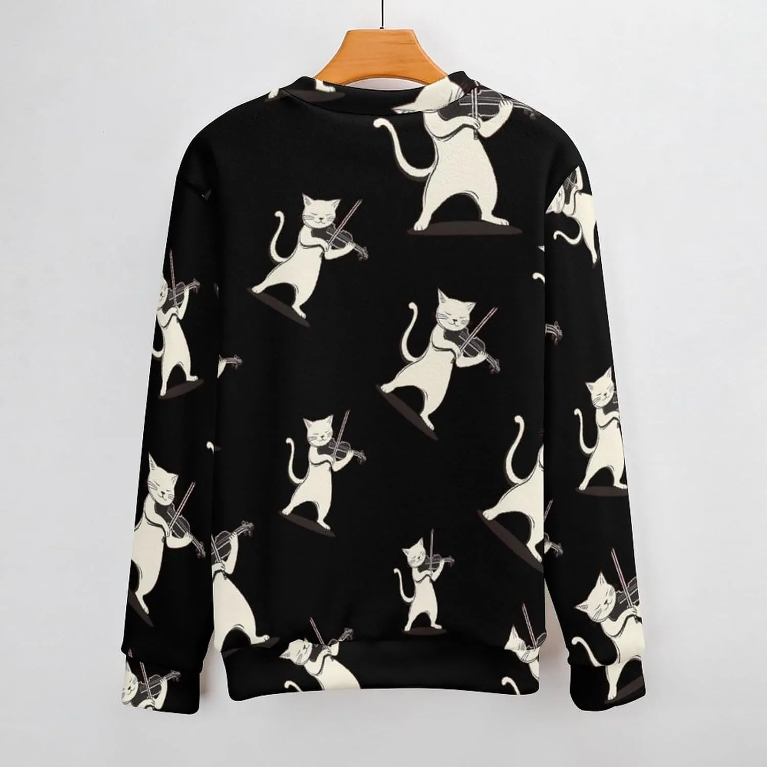 Cat Playing Violin Crew Neck Sweater Oversized Long Sleeve Pure Cotton Casual Knit Pullover Sweatshirt