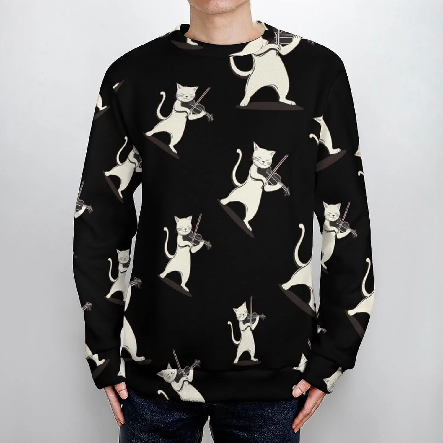 Cat Playing Violin Crew Neck Sweater Oversized Long Sleeve Pure Cotton Casual Knit Pullover Sweatshirt