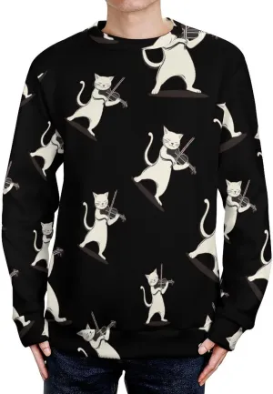 Cat Playing Violin Crew Neck Sweater Oversized Long Sleeve Pure Cotton Casual Knit Pullover Sweatshirt