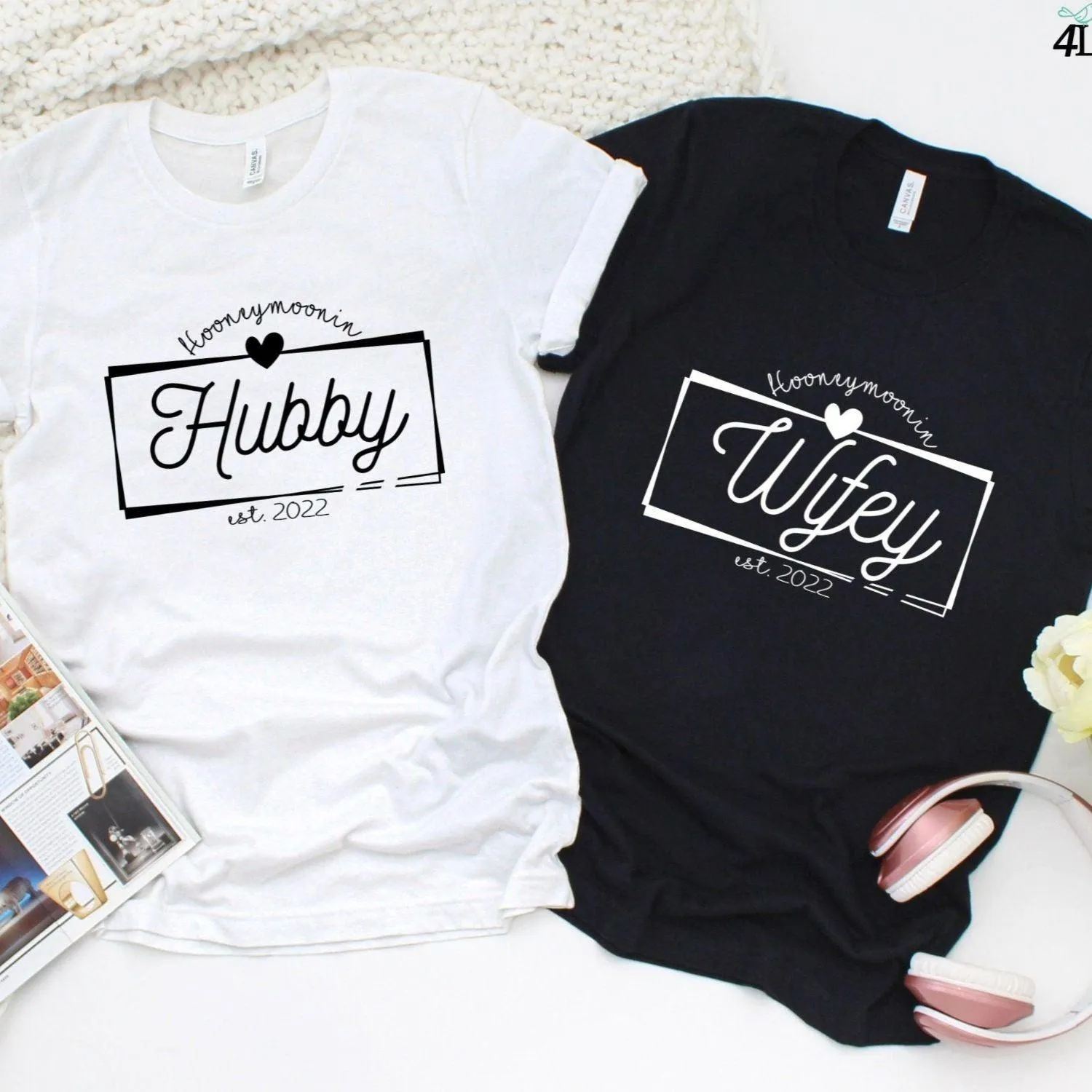 Charming Honeymoon Hubby & Wifey Custom Date Matching Outfits | Just Married & Engaged Duo Sets