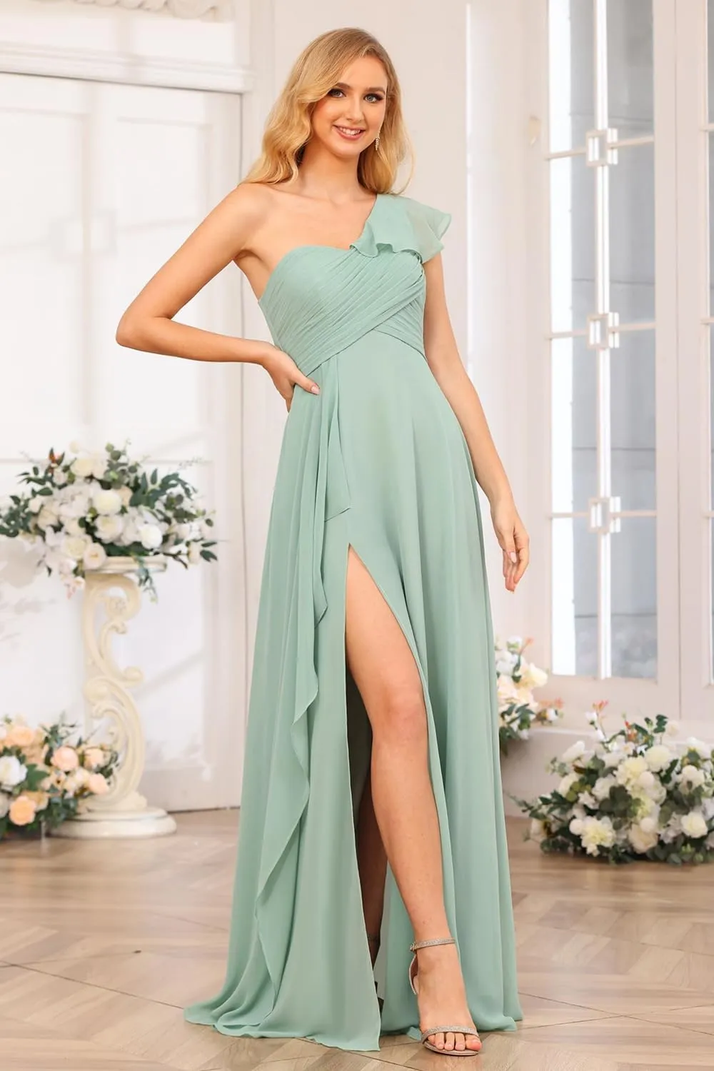 Chiffon One Shoulder Bridesmaid Dress with Slit Pleated Ruffles Long A Line Formal Prom Dress for Women AD001