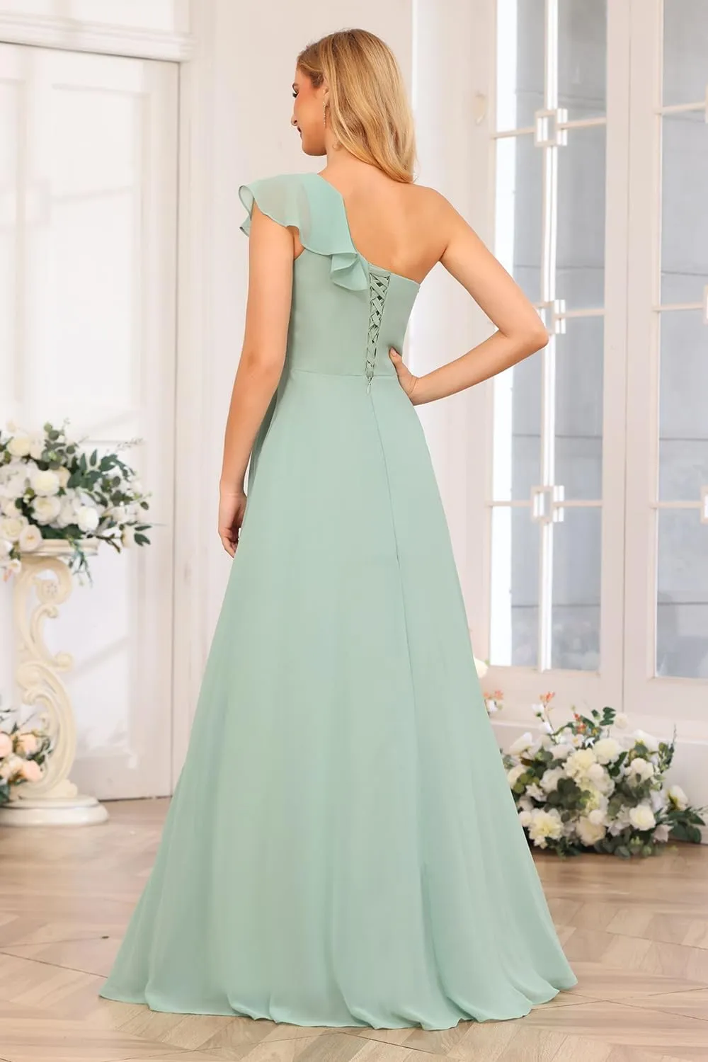 Chiffon One Shoulder Bridesmaid Dress with Slit Pleated Ruffles Long A Line Formal Prom Dress for Women AD001