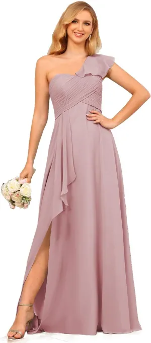 Chiffon One Shoulder Bridesmaid Dress with Slit Pleated Ruffles Long A Line Formal Prom Dress for Women AD001