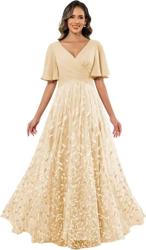 Chiffon Sequin Mother of The Bride Dresses for Women Long A Line Tulle Sparkly Formal Evening Gown with Sleeves