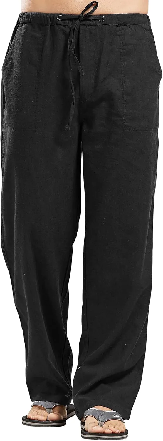 chouyatou Men's Ethnic Stylish Drawstring Elastic Waist Loose Fit Baggy Stripe Linen Harem Beach Pants